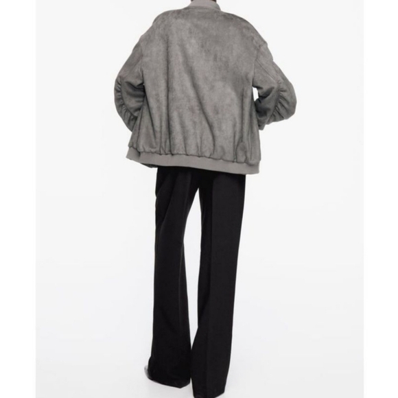 New Zara Oversized Suede Gray Bomber Jacket NWT Medium - Picture 6 of 16